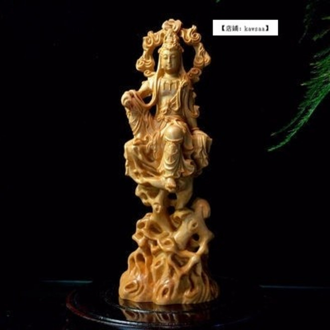 kawsaa 手工雕刻 觀音菩薩佛像 木雕 坐藤自在觀音擺件 雕像收藏品, 自在觀音高18cm