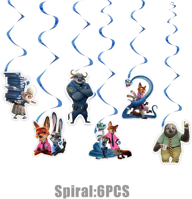 주토피아 닉과 주디 파티 장식 일회용 식기 세트 테이블보 배너 케이크 토퍼 풍선 생일 용품, 02 6pcs Spiral