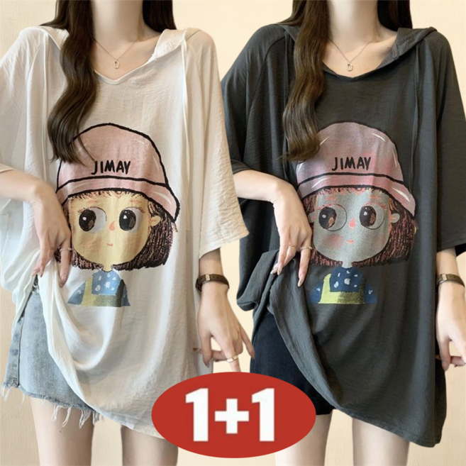 100kg까지 빅사이즈 여성 여름 1+1 초특가 오버핏 미디 캐릭터 프린트 후드 반팔 티셔츠 반팔티 간절기 외출용