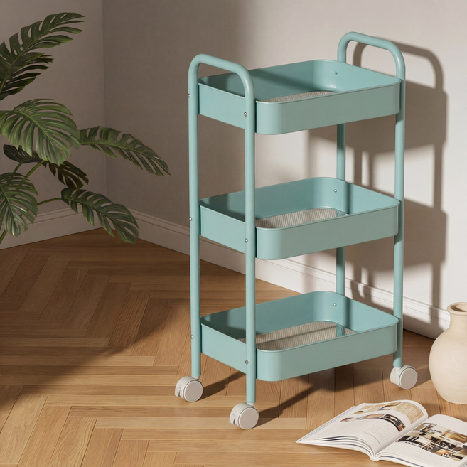 Dune 철제 메쉬 트롤리 이동식 수납 선반 바퀴형 다용도 거실 주방 인테리어 카트, 3단, 파란색