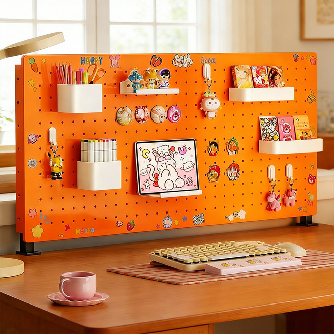 다용도 철제 타공판 수납장 수직형 책상 오거나이저 인테리어 높이 조절 선반 10종 세트, 1단, 오렌지 스탠딩