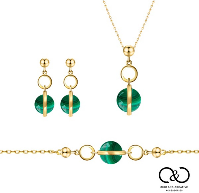 C&C 孔雀石飾品組 項鍊 耳環 手鍊三件套