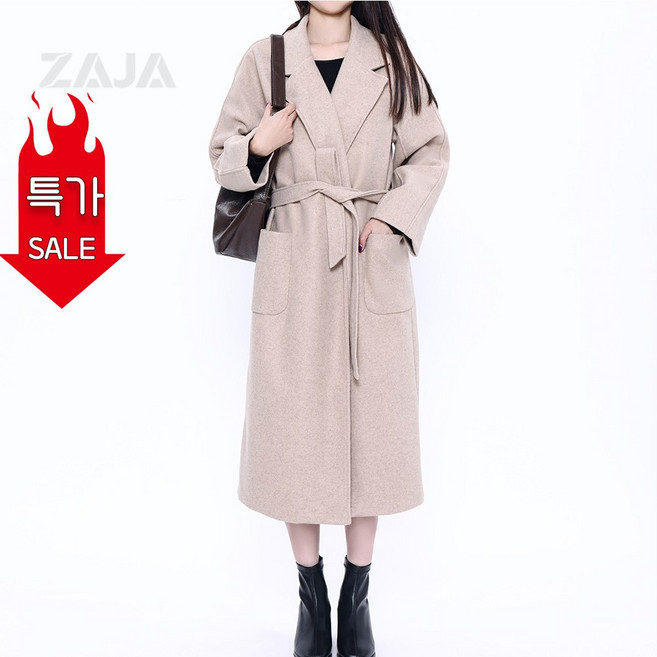 ZAJA 여성 롱 코트 벨트 카라넥 루즈핏 모직 코트