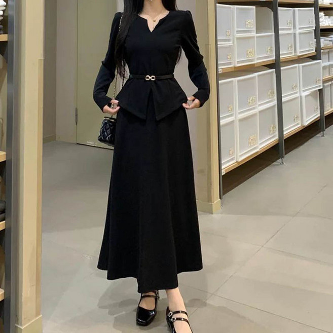 슬림소녀 여성 봄가을 세트 원피스 긴팔 슬림 빅 스커트 심플 스타일 캐주얼 데일리 빅사이즈 롱 스커트 40-100KG