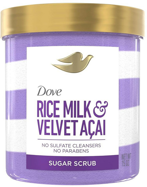 Dove 슈가 바디 스크럽 벨벳 아사이 & 라이스 밀크 여성용 각질 제거 및 수분 공급 피부용 425.2g(15온스), Dove Body Scrub 벨벳 아사이 & 라이스 밀, 425.2g, 1