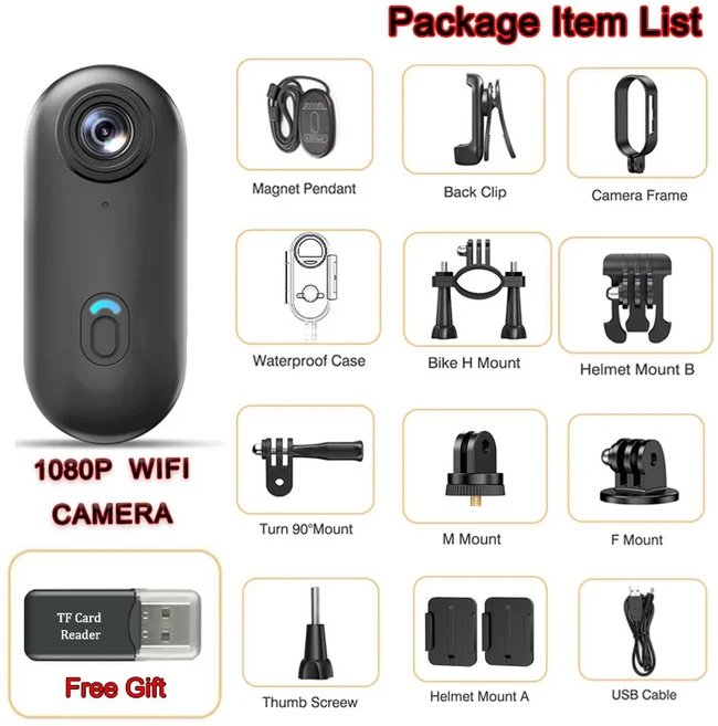 Vlog 카메라 4K HD 미니 Bodycam 신중한 무선 울트라 컴팩트 액션 보이스 레코더 방수 스포츠 수중, 03 With 64G TF Card, 01 CHINA, 01 FHD 1080P (Black)