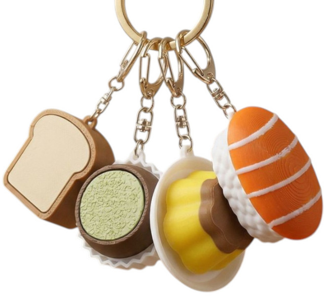 키오키 딸깍 푸드 클리커 키링, 1세트, 두쫀쿠+연어초밥+푸딩+토스트