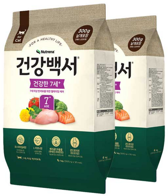 뉴트리나 건강백서 캣 7세이상 6kg x 2개 고양이사료, 닭+연어