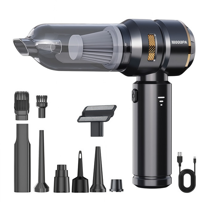 차량용 무선청소기 브러시리스 대흡력 휴대용 청소기/차량용/가정용/애견멀티청소기18000pa, 블랙, HL-121