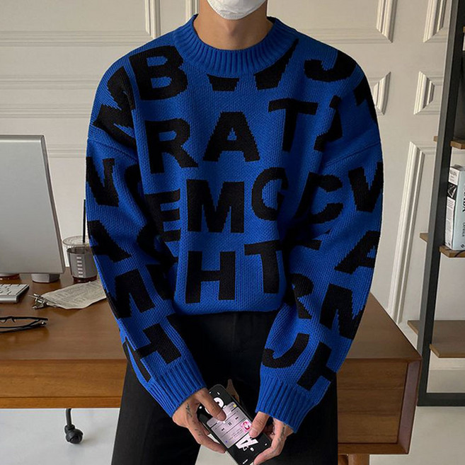 가을 겨울 남성용 레터링 스웨터 빅사이즈 루즈핏 남성 긴팔 니트 캐주얼 남자 라운드넥 니트 YSQ