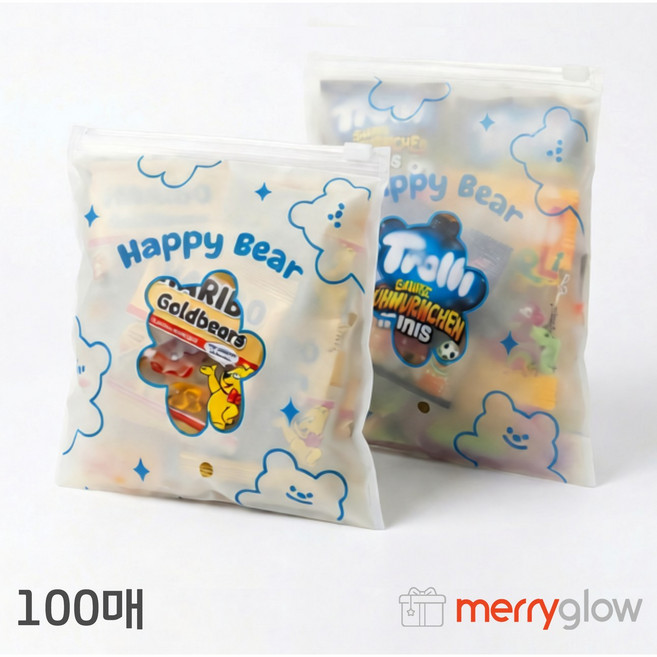메리글로우 곰돌이 지퍼백 파우치 간식 구디백 포장봉투, 100개, 해피베어 16x20cm