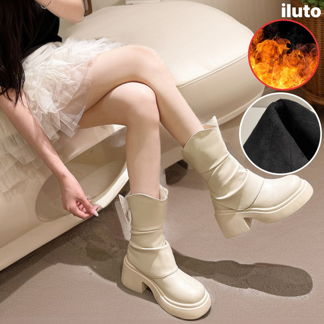 일루토 키높이 통굽 털 가죽 롱부츠