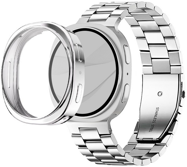 아이메이드잇 갤럭시워치 스탠다드 메탈 스트랩 + 유광 케이스 세트, 유광 실버