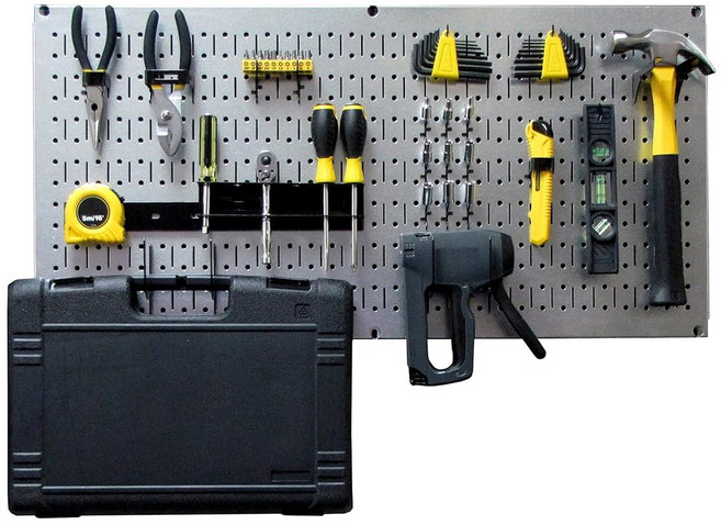 월 컨트롤 모듈러 페그보드 도구 정리 시스템 - 벽걸이 금속 페그보드 도구 수납 유닛 벽면 저장 타일링 (화이트 페그보드), Metallic Pegboard