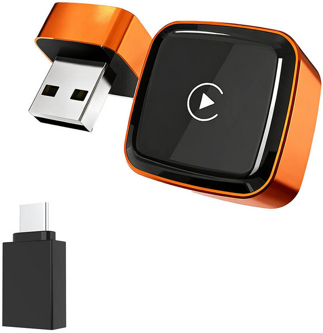 에브리핏 차량용 초슬림 미니 2IN1무선 카플레이 안드로이드 오토 호환 어댑터, 오렌지, CA-29