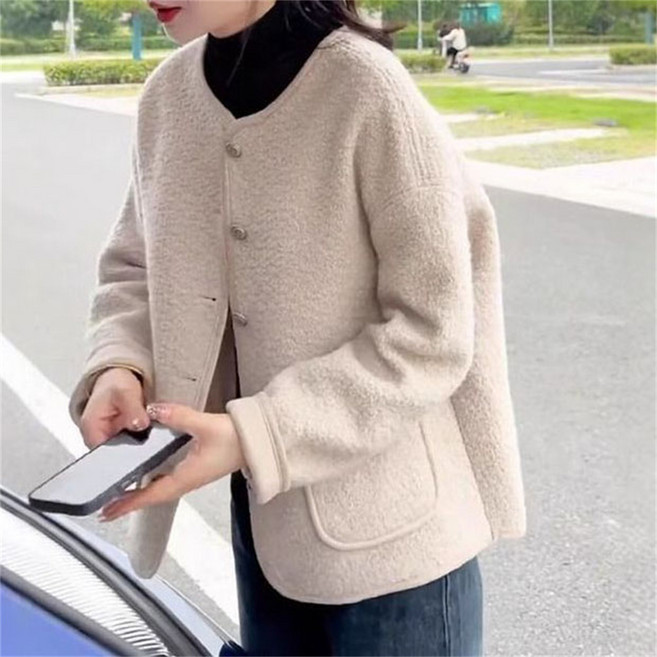 TKX 여성 가을 겨울 뽀글이 양털 자켓 버튼 장식 라운드넥 재킷 오버핏 후리스