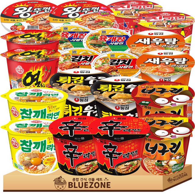 큰컵 용기라면 세트 신라면2 진라면매운맛2 너구리2 튀김우동2 새우탕2 참깨라면2 열라면2 왕뚜껑2 육개장사발면2 김치사발면2 라면스틱2, 20개