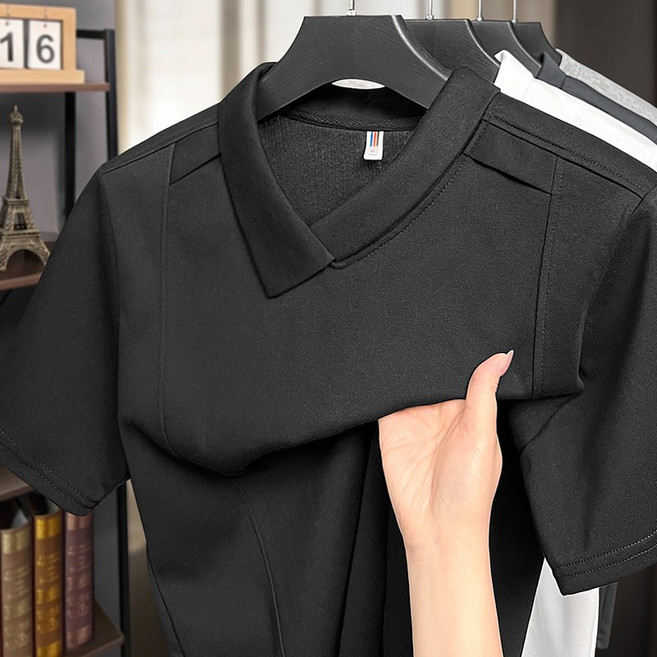 2026 夏季 翻領拼接設計 短袖POLO衫 情侶款 商務休閒棉POLO衫, 黑色