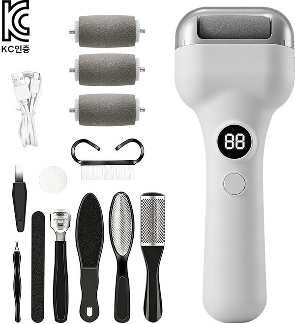 AURRA 무선 전동 발각질제거기 3종 교체 헤드 10종 보조도구 풀세트 발각질제거 각질제거 발바닥 뒤꿈치, 흰색, Mate M4