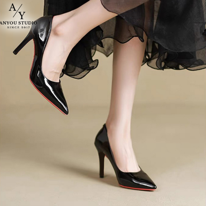 ANYOU 여성 하이힐 펌프스 구두 스틸레토 뾰족코 에나멜 슬림 힐 블랙 정장 오피스 면접 결혼식 하객 파티 데일리 검은색 7cm하이힐