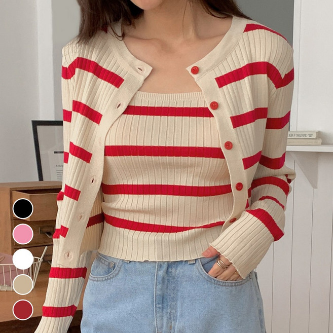 메이리앤 스트라이프 니트 나시 가디건 투피스 세트 5종