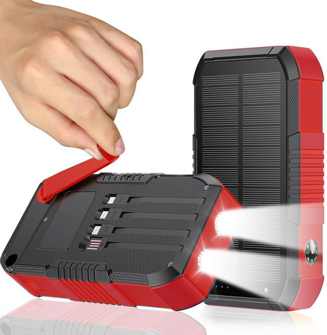 핸드 크랭크와 4개의 케이블 22.5W 고속 충전 캠핑 필수품 /SOS /스트로브 /강력 손전등 컴퍼스 솔라 휴대용 충전기 파워 뱅크(블랙) 내장 키고커 태양광 발전소, red, 1개
