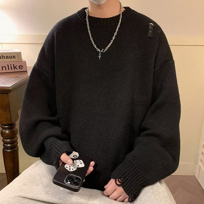 AOKADA 남성 봄 가을 루즈핏 라운드 찢어진 니트 스웨터