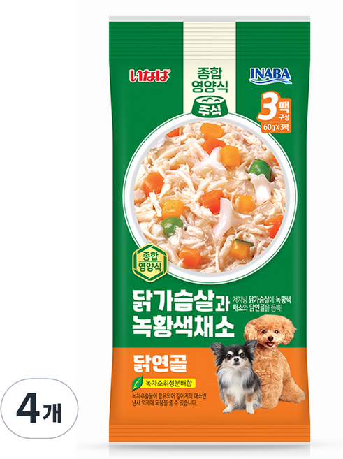 이나바 강아지 닭가슴살과 녹황색채소 파우치 QDR-144, 혼합맛(닭가슴살/채소/닭연골), 180g, 4개