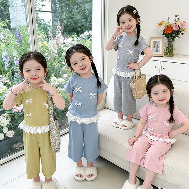 소소키즈 여아 리본 레이스 반팔 7부바지 상하복 아동 키즈 주니어 여름 상하세트