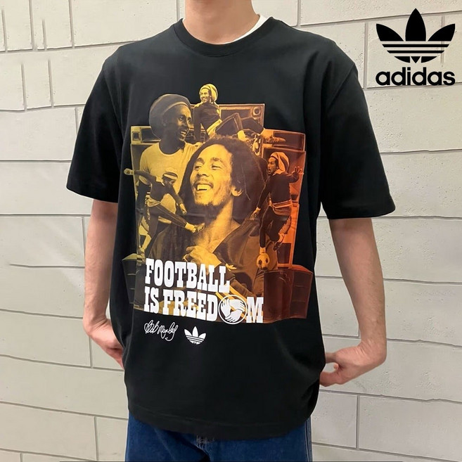 아디다스 오리지널 자메이카 밥 말리 그래픽 반팔 티셔츠 남녀 공용 블랙 KD2417
