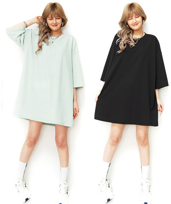 러브포텐 빅사이즈 반팔롱티셔츠 7부소매 간절기 여름박스티 2장세트