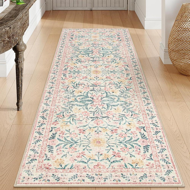 Morebes Boho 복도 러너 러그 5.1 x 15.2cm(2 x 6인치) 핑크 플로럴 주방 러너 러그 침실 여아용 세탁 가능한 미끄럼 방지 매우 부드러운 실내 장식
