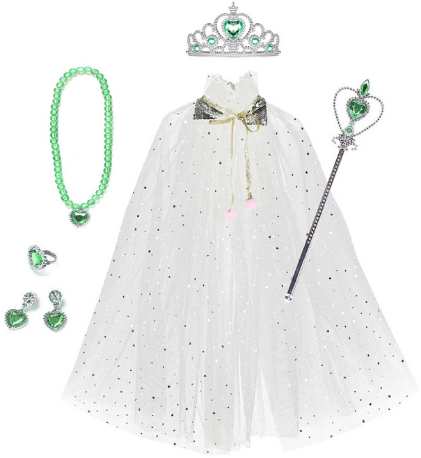 [청춘교복] 공주 생일 파티 용품 5종세트+망토 축하 브라이덜샤워 연말 선물 소품 프린세스 코스튬 주얼리 왕관 요술봉 목걸이 액세사리, 1개, 그린