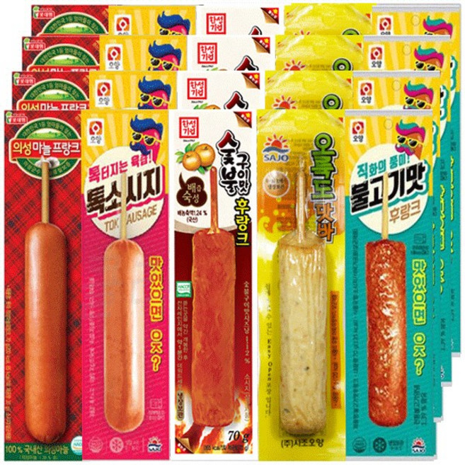 [다만세푸드] 편의점 핫바 후랑크 소세지/ 의성마늘프랑크4+불고기맛후랑크4+숯불구이맛4+오륙도맛바4+톡소시지4 20개, 70g