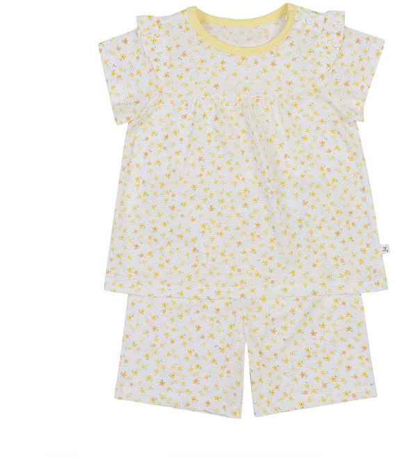 아가방 NC엑스코점 이월특가! 부드러운 터치감 무형광 면100% 화사한 플라워패턴 프릴이 사랑스러운 메르디반소내의! 아기 실내복 유아 반팔상하세트! 90부터는 어깨단추