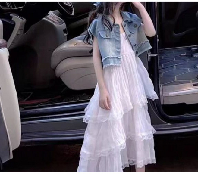 해피유통레이어드 드레스와 청재킷 세트 상큼한 패셔너블 스타일 디자인14세 이상