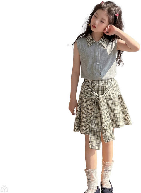 삐삐네옷가게 민소매 카라셔츠 여아용 허리묶음 체크치마 투피스