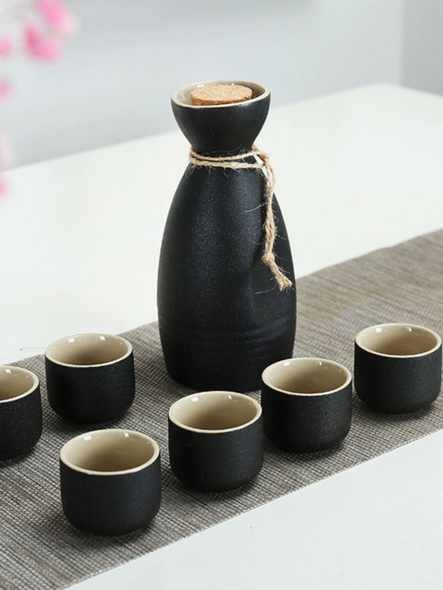 일본 도쿠리 청주 사케잔 술병 소주잔 중탕기 소주 0.5kg 단일 주전자 삼줄목재마개, 7홀 대나무 받침 분리형받침, 7개