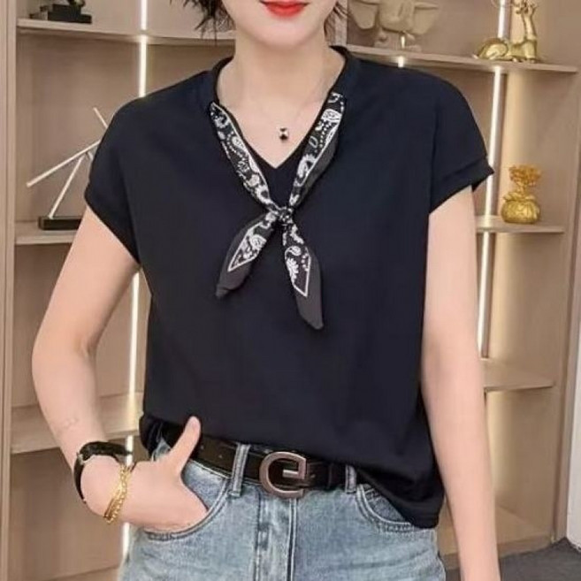 유니픽 여성 여름 반팔 티셔츠 패셔너블 실크 스카프 장식 간결한 캐주얼 디자인wbr