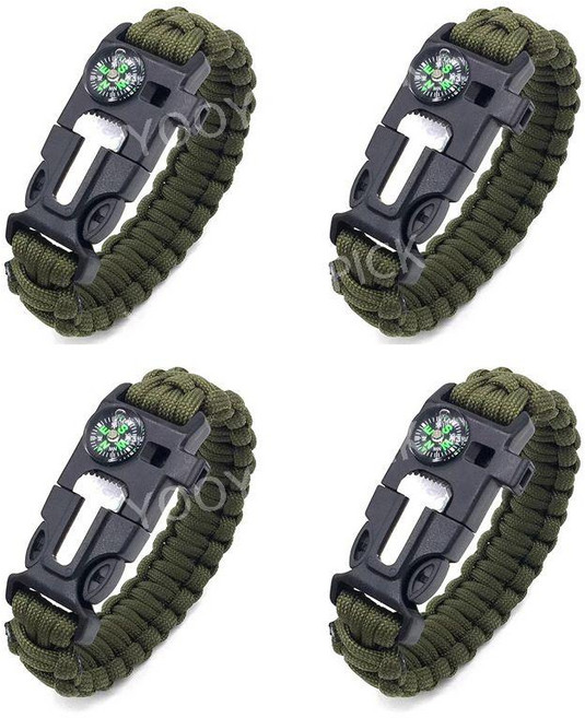 파라코드 생존 팔찌 나침반 파이어스타터 호루라기 캠핑 등산 서바이벌 장비 생존팔찌, 군용 녹색 4개, 1개