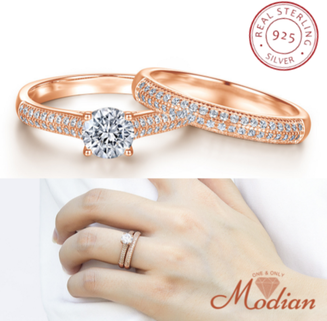 모디안 은 쌍가락지 랩 다이아 두줄 레이어드 가드링 1캐럿 큐빅 실버 반지