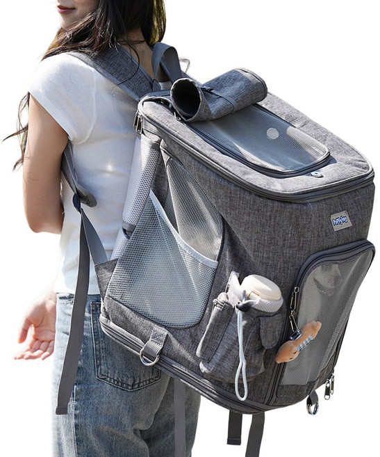 퍼피허그 Portable 강아지 백팩 캐리어 산책 이동 가방 고양이 애견 기내용 컨넬 카시트 배낭, 1개, 그레이