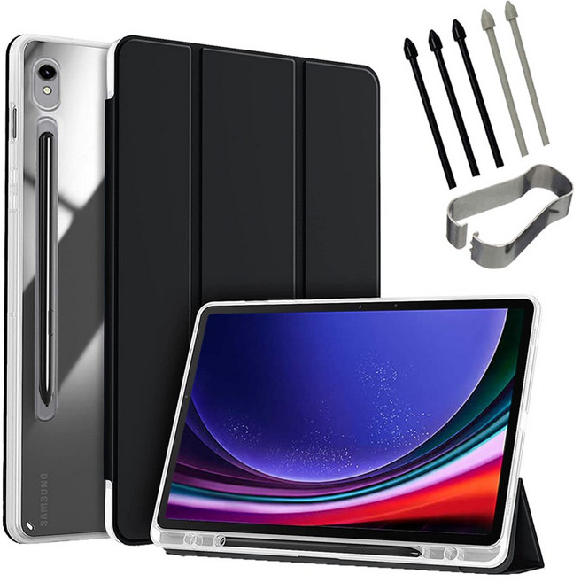 갤럭시탭S9 S9+ S9울트라 S9 FE 플러스 S펜수납 클리어 투명 북커버 케이스 케이스나라, 블랙, 1개