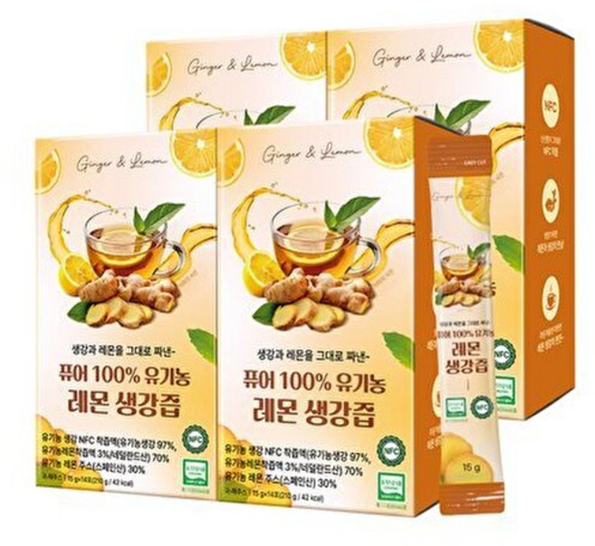 기타 퓨어 100 NFC 유기농 레몬 생강즙 14포 x 4박스 (총 56포), 210g