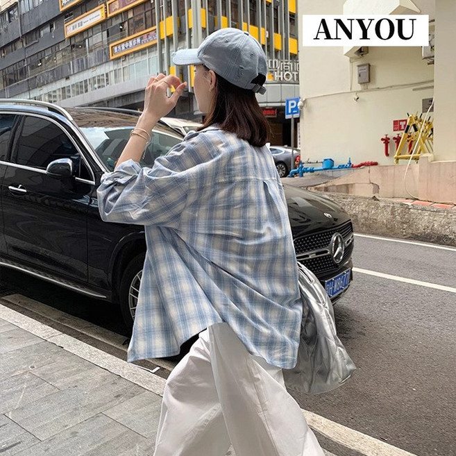 ANYOU 여성 나른한 칼라 체크 셔츠 자외선 차단 셔츠