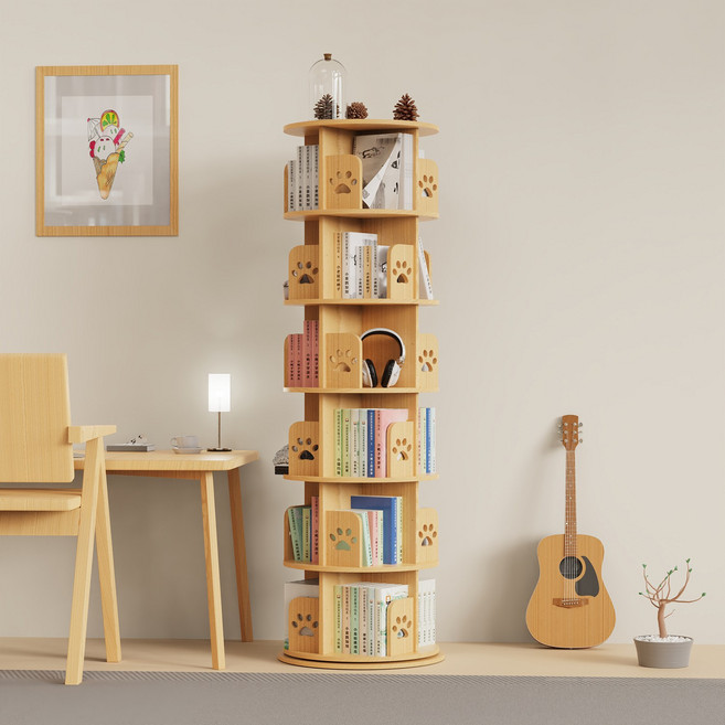 ANYOU 360도 나무 회전책장 원형 책장 거실 서재 학생용 대용량 다기능 수납장 3/4/5/6단, 3단, 직선+귀여운 발바닥
