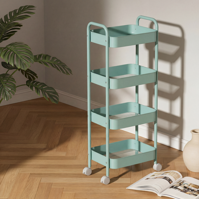 Dune 철제 메쉬 트롤리 이동식 수납 선반 바퀴형 다용도 거실 주방 인테리어 카트, 4단, 파란색