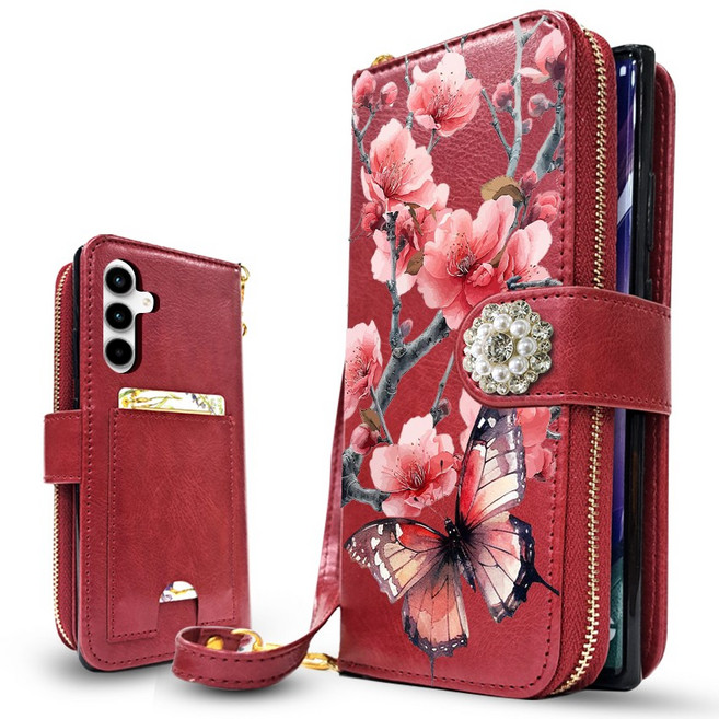 동양풍화 DIA 꽃 외부지퍼 포켓 지갑형 수납형 다이어리 내구성 좋은 다이어리 핸드폰 케이스 + 손목 줄 가죽 스트랩 구기종