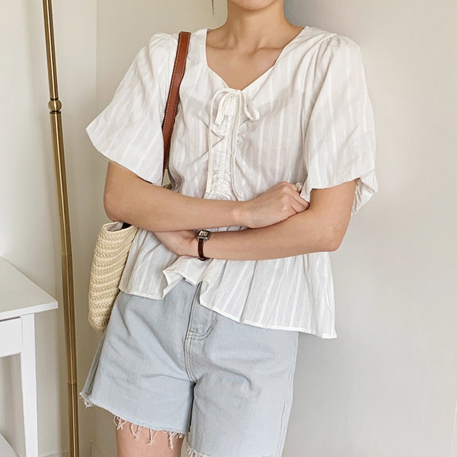 S~XL사이즈 여성 데일리 스트링 셔링 블라우스 체형커버 셔츠 빅사이즈 반팔셔츠