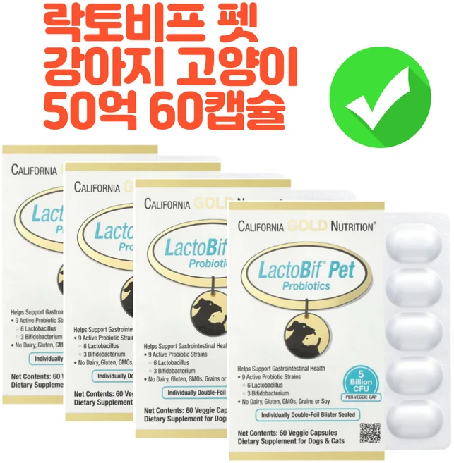 캘리포니아골드 고양이 유산균 강아지 유산균 락토비프 프로바이오틱스 50억 60캡슐 x 4통, 60개, 장건강/유산균, 4개 - 쿠팡